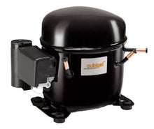 Load image into Gallery viewer, A black Cubigel compressor with the brand name visible, featuring fan coils and connection tubing.