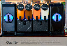 Load image into Gallery viewer, A commercial frozen cocktail machine with four dispensers labeled Negroni, Ron Cola, Sprit, and Margarita, featuring illuminated blue circular lights on black sides, with a text banner at the bottom.
