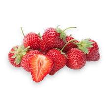 Load image into Gallery viewer, A pile of fresh red strawberries with green stems and leaves, including one cut open to show the inner flesh, isolated on a white background.
