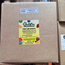 Load image into Gallery viewer, A brown cardboard box of Fruchilla Pine Lime Sports Flavoured Syrup, featuring a colorful label with fruit illustrations, photographed in a warehouse setting.
