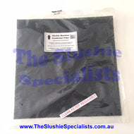 Universal Slushie Machine Filter packaged in plastic with a label showing the product details and a reminder to clean the filter regularly.